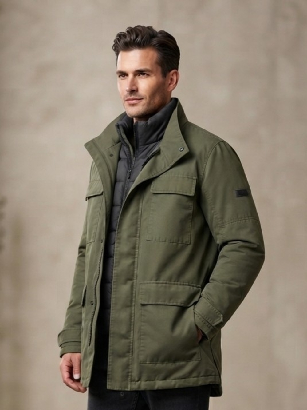 Michael Kors Men's Olive Field Coat with Quilted Inner Vest